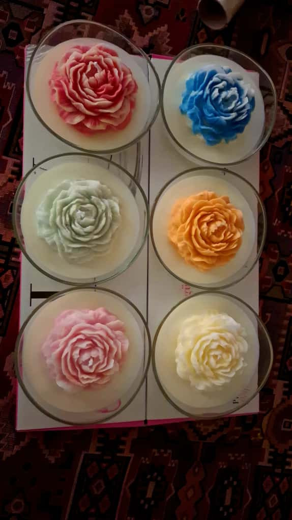 Set of Six Colorful Wax Flowers in Small Glass Dishes