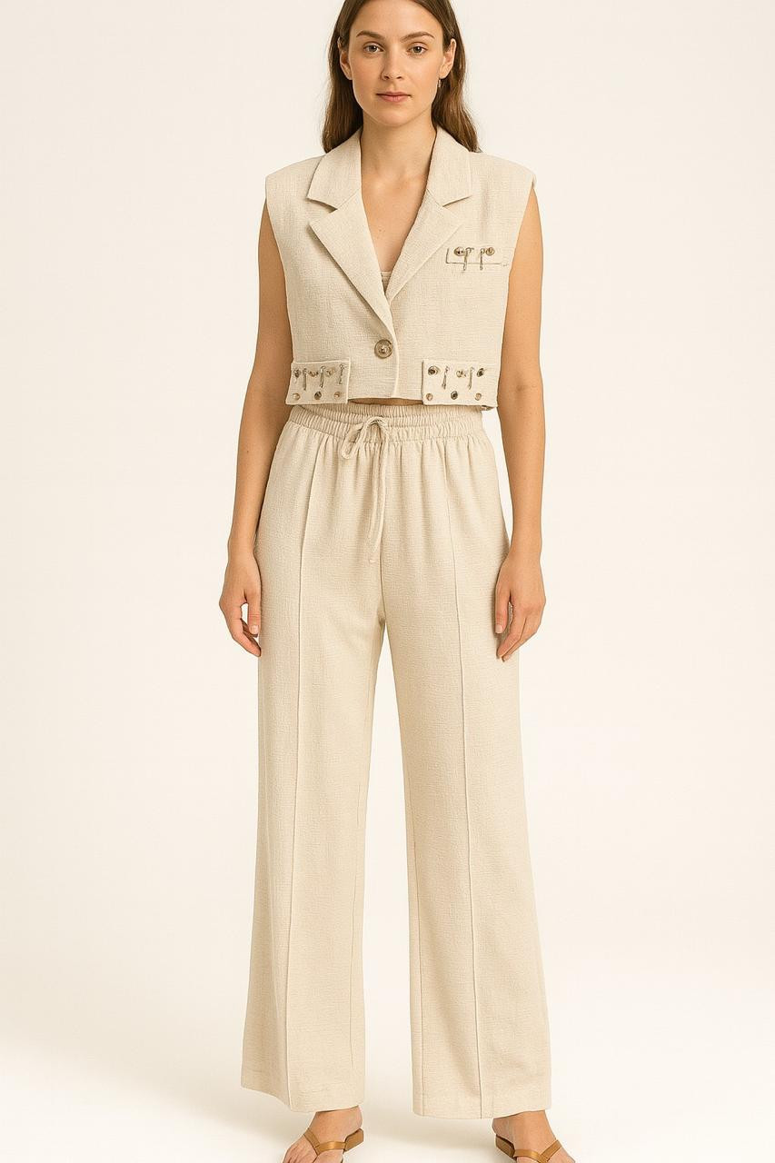 Sleeveless Cropped Blazer with High-Waisted Wide-Leg Pants Set